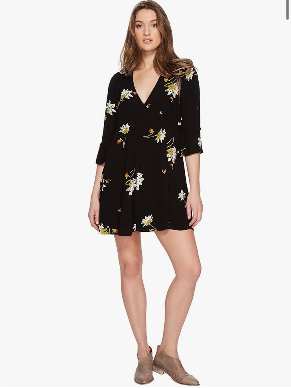 Free People Black Floral V‑Neck Wrap Dress